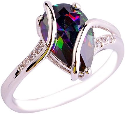 Empsoul Women 925 Sterling Silver Plated Created Eternity Pear Cut Filled Rainbow Topaz Best Gift for Love Bridal Wedding Orbit Ring Size 8