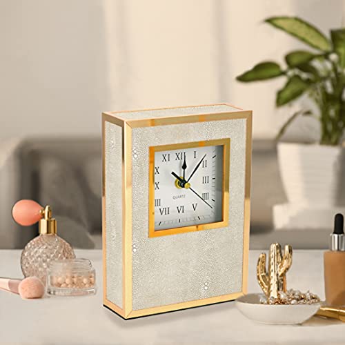 Shagreen Gold Table Clock Large,Modern Mantel Clocks for Fireplace