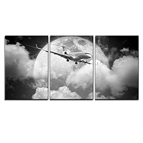 3 Piece Canvas Wall Art - Small Private Jet Aircraft in a Night Sky. Monochrome, Square Composition. - Modern Home Art Stretched and Framed Ready to Hang - 16"x24"x3 Panels