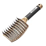 FIXBODY Boar Bristle Vent Hair Brush - Curved and Vented Detangling Hair Brush for Women Long, Thick, Curly and Tangled Hair Blow Dryer Brush (Gold)
