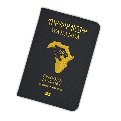Marvelous Kingdom Passport Holder - Black Faux Leather Travel Wallet Case with Gold Foil African Map Emblem - Commemorative Superhero Cosplay Cover for All Standard International Passports (Wakanda 2)