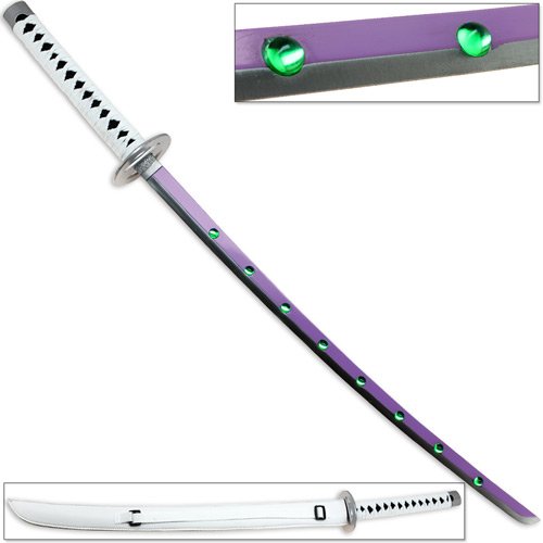 Japanese Anime Sword Purple Blade w Green Gems - Carbon Steel Replica Demon Katana