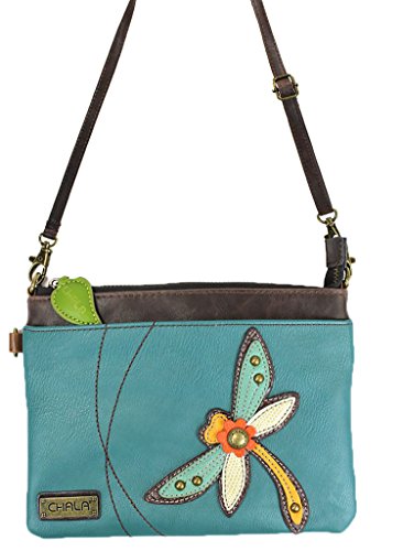 Chala Mini Crossbody Handbag, Multi Zipper, Pu Leather, Small Shoulder Purse Adjustable Strap - Dragonfly - Turquoise