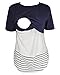 Pinleck Women's Breastfeeding and Nursing Short Sleeves Lace Striped Shirt Tops Clothes (M, Blue)