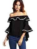 Floerns Women's Off The Shoulder Bell Sleeve Ruffle Loose Blouse Top