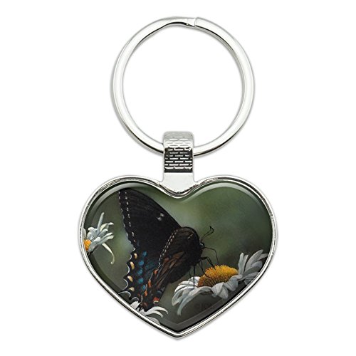 Black Swallowtail Butterfly and Daisies Heart Love Metal Keychain Key Chain Ring