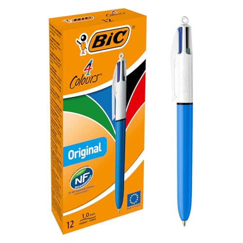 BIC 4 Colours Original Retractable Comfortable Ballpoint Pens - Box of 12 - Medium Point (1.0 mm) - Precision Writing