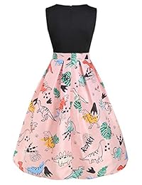 CHARMMA Vestido de mujer vintage con cuello redondo sin mangas, diseño de dinosaurio