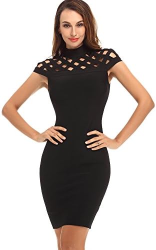 UONBOX Women's High Neck Stretch Evening Bandage Dress with Lattice Cap Sleeves (M, black)