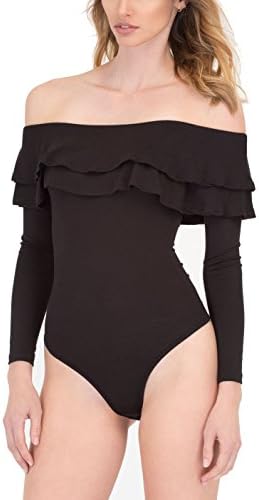 Cecilia Pink Women's Elasticized Off-the-shoulder Neckline with Double-layered Foldover Ruffles Bodysuit (S, Black)