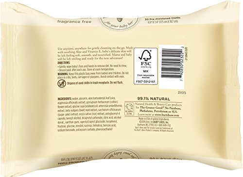 Burt's Bees Baby Face & Hand Cloths, 30 Count (Pack of 12) (Packaging May Vary)