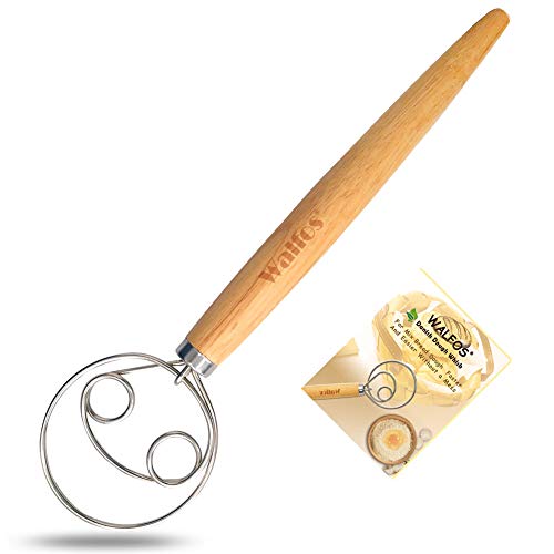 Walfos Danish Dough Whisk, Stainless Steel Bread Mixer With Double Holes for Quick Mixing, Not rust - Dutch Dough Whisk with Comfortable and Long Handle, Great for Cooking, Blending, Whisking, Beating