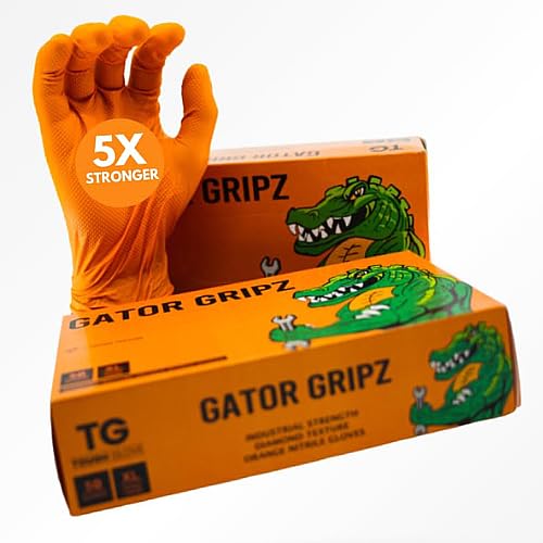TG TOUGH GLOVE Gator Gripz (XL) Nitrile Gloves (Pack Of 50) | Diamond Texture Orange Disposable Gloves | Powder & Latex Free | Super Strong Heavy-Duty Gloves
