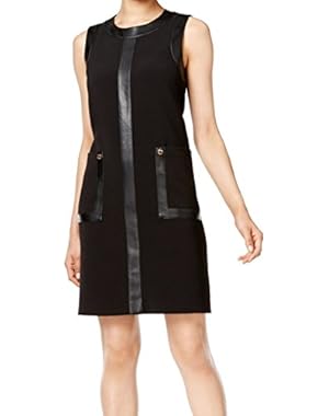 Faux-Leather-Trim Shift Dress , Size-8