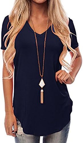 Women's Short Sleeve V-Neck Irregular Hem Loose Casual Tee T-Shirt Tops (USXL=Label Size2XL, Navy)