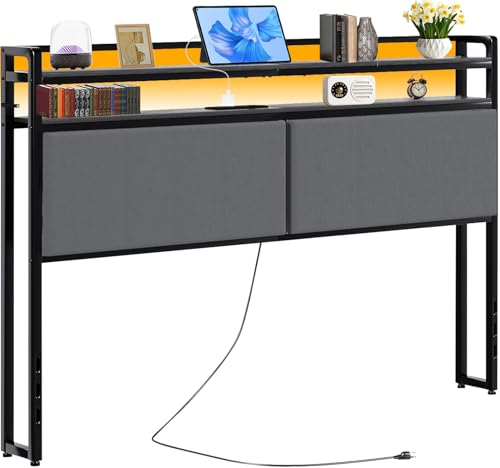 KVOZEN Cabecero de Cama Queen Size 150cm con Luces LED RGB Inteligentes, Cabecero Acolchado con 4 Puertos de Carga USB y Type-C, Estante y Control Remoto, Cabecero Matrimonial Moderno para Dormitorio