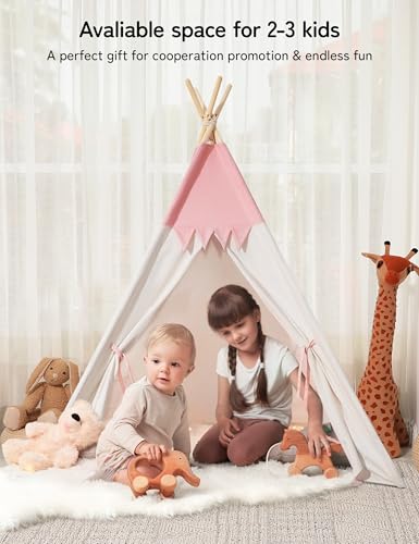 besrey Children's Play Tent Indian Canvas Teepee Cotton with Padded Mat and Fairy Lights (Pink and White)