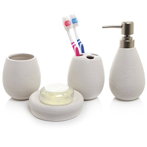 4 Pc White Ceramic Soap Dish, Soap Dispenser, Toothbrush Holder & Tumbler Bathroom Accessory Set