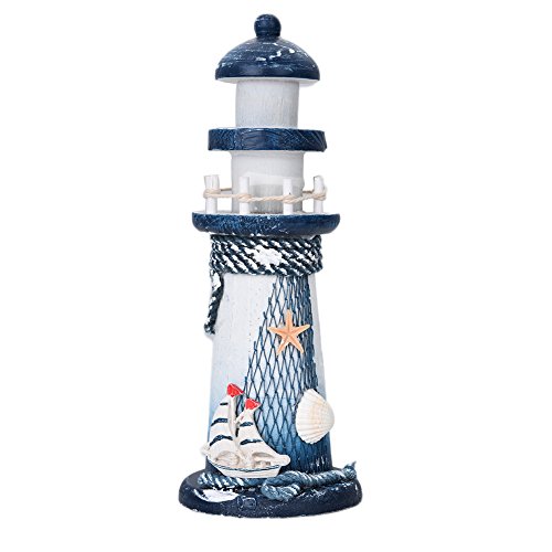 Lighthouse Decor,Sundlight Wooden Nautical Lighthouse Beacon Tower Mediterranean Sea style Beach Starfish Shell for Home Bedroom Decoration
