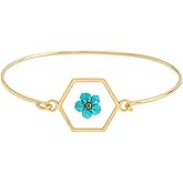 Isla & Wren Co. Pressed Flower Gold Bangle Cuff Bracelet, Gold-Tone Open Bangle, Dried Flower Accent - Metal 14K Jewelry Gift Quality Unique Blue Floral