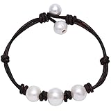 Womens Cultured Freshwater Pearl Bracelet with Leather Cord Beaded Jewelry 7.8'' Black Brown