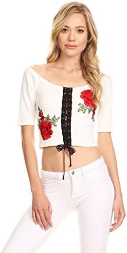 WFFS Womens Off Shoulder Drawstring Lace Up Ballerina Crop Top(TWLL2793) (Large, White)