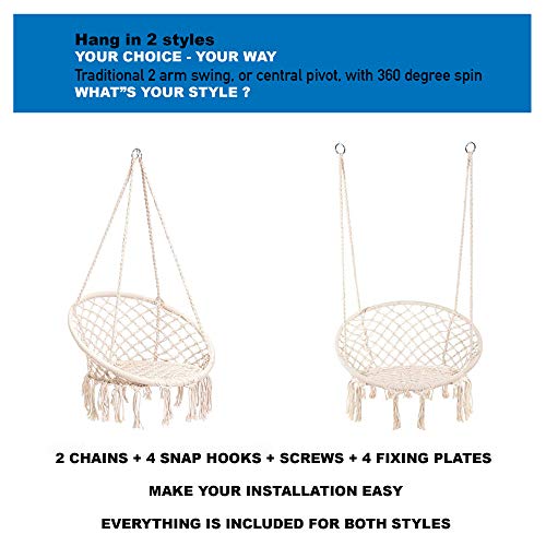 Nooksta Macrame Hanging Chair Swing Chairs Included Cushion & Hanging KIT for Indoor Outdoor, Hammock Stand, Ceiling or Tree Swing. Blue Vine Cushion - Thumbnail 3