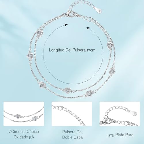 Tusuzik Women's Original 925 Sterling Silver Birthstone Bracelet Double Layer Personalised Heart Jewellery Birthday Gift For Mom Wife Girlfriend Friends Girls Teenagers