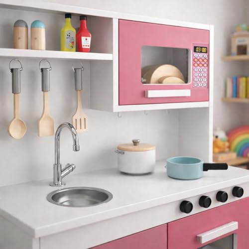 Cozinha Infantil Encanto Completa Nicho Forno Micro-Ondas Ganchos Porta Utensílios Torneira Metálica Pia Fogão Cooktop Armário Criança Menina Menino - RP Online (Branco/Rosa)