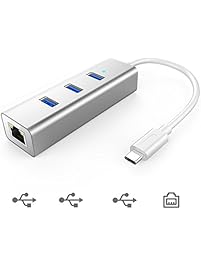 Hhusali 3-Port USB-C to USB 3.0 Aluminum Portable Data Hub, with 10 Mpbs, 100 Mbps, 1000 Mbps, or 1 Gigabit Network Adapter with Ethernet Port, for MacBook Pro 2016, ChromeBook, XPS and More