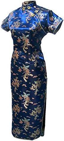 7Fairy Women's VTG Navy Long Chinese Evening Dress Cheongsam Qipao