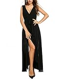 Meaneor Women's Casual Deep V Neck High Slit Dress Sleeveless Maxi Long Dress (Black/S)
