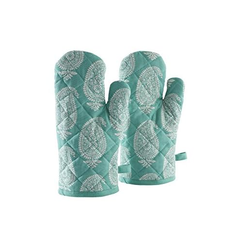 Amazon Brand - Solimo 100% Cotton Padded Oven Gloves Paisley, (Pack of 2, Blue)