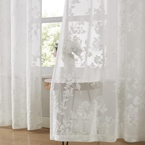 Treatmentex Sheer Curtains with Eyelets, Set of 2 Modern Curtains with Leaf Print, White Curtains for Living Room, Bedroom and Dining Room, 140 x 245 cm