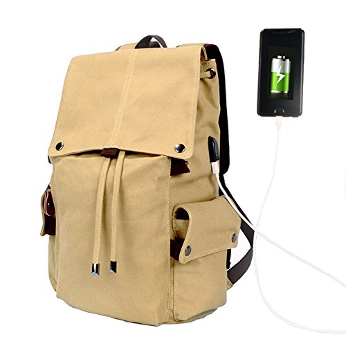 MiCoolker Canvas Casual Computer Laptop Backpack fits 17 inch Laptop and Notebook Unisex Schoolbag College Student Daypack with USB Charging Port Khaki