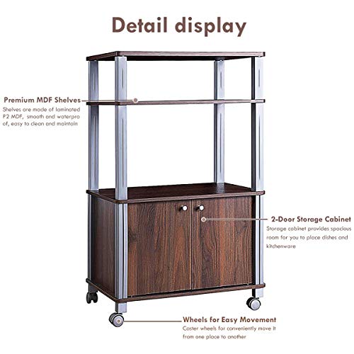 FDInspiration Walnut 23.5''L Rolling Multi-Functional Microwave Stand Cabinet Storage Display Bakers Rack Cart with Ebook