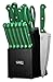 Ginsu Essential Series 14-Piece Stainless Steel Serrated Knife Set – Cutlery Set with Green Kitchen Knives in a Black Block,