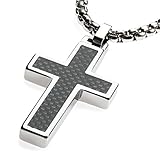 Unique GESTALT Tungsten Cross Pendant .4mm Surgical Stainless Steel Box Chain. Black Carbon Fiber Inlay.