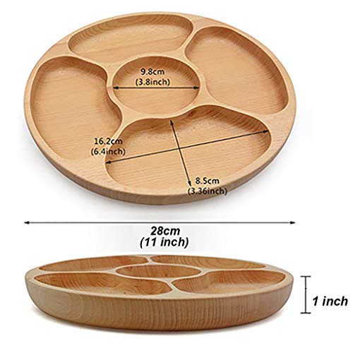 Best Wood Divided Serving Tray 11 inch Round Dessert Chip and Dip Dish Sandwich Appetizer Section Plates Compartment Cheese Platter