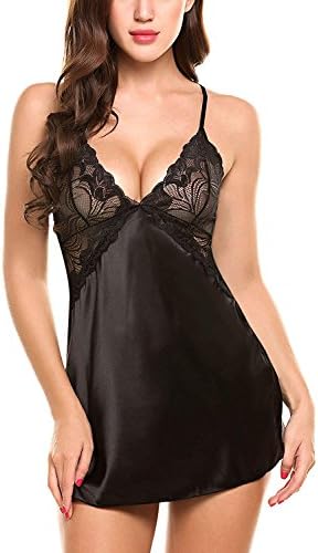Davidsly Women Lingerie V Neck Nightwear Satin Sleepwear Lace Chemise Mini Teddy Black Small