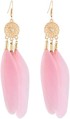 Dlakela 14K Gold Plated Flower Pattern Disc Drops Long Feather Earrings (Pink)