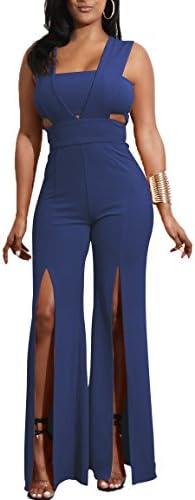 Wancy Womens Sexy Summer Sleeveless High Waist Slit Wide Leg Long Pants Jumpsuits Rompers Clubwear Royal X-Large