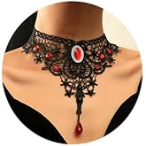 Vinzar Gothic Black Lace Choke Necklace Red Crystal Pendant Necklace Women Collar Necklace for Prom Costume Party Cosplay