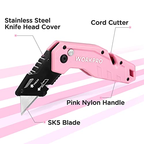 WORKPRO Folding Utility Knife, Quick Change Box Cutter, Pink Razor Knife for Cartons, Cardboard, Boxes, 10 Extra Blades Included - Pink Ribbon