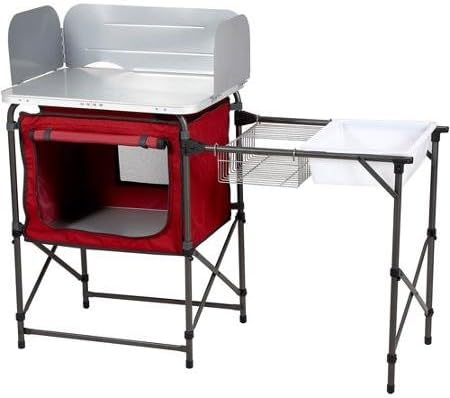 Removable Windscreen Deluxe White Camp Kitchen and Sink Table With Drying Rack ,and Durable Steel Frame perfect and Easy-to-clean Tabletop