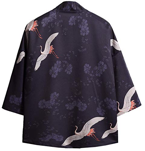 Hotmiss Men's Kimono Cardigan Jacket Japanese Style Flying Crane Seven Sleeves Open Front Coat (Navy Crane, Large)
