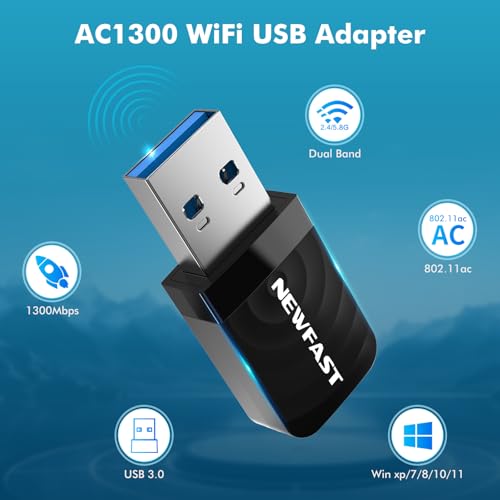 NEWFAST 1300Mbps USB3.0 WiFi Dongle for PC/Laptop 2.4/5GHz USB WiFi Adapter for pc, High Gain Wireless Dongle, MU-MIMO Wireless Adapter for Win 11/10 / 8.1/8 / 7, Mac OS X 10.9-10.15