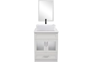PULUOMIS 24 Inches Traditional Bathroom Vanity Set Single White Cabinet and Rectangle Ceramic Vessel Sink 1 Large Sliding Drawers and 2-Door Pop-up Drain Faucet