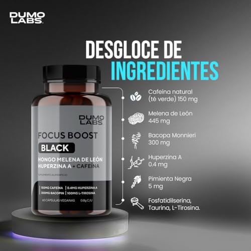 Dumo Focus Boost Black | Nootrópico Natural con Melena de León, Bacopa, Cafeína y Huperzina A | Energía Mental, Enfoque y Rendimiento Diario | 60 Cápsulas Veganas sin Gluten | 1 mes de consumo