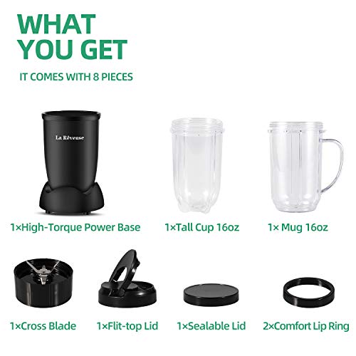 La-Reveuse-Personal-Size-Blender-250-Watts-Power-for-Shakes-Smoothies-Seasonings-Sauces-with-2-Pieces-16-oz-Mug-Black